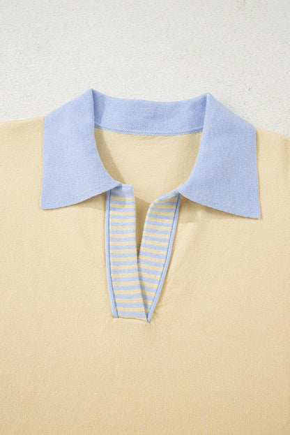 Sky Blue Stripe Contrasting Polo Collar Color Block Knit Drop Shoulder Sweater