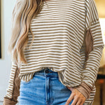 Khaki Stripe Thermal Knit Drop Shoulder Casual Top