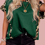 Sea Green Leopard Trim Round Neck Loose T Shirt