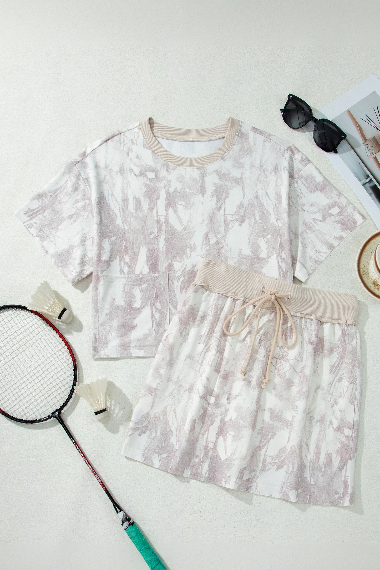 Gray Woodland Camo Print Raw Edge Cropped Top 2pcs Skort Set