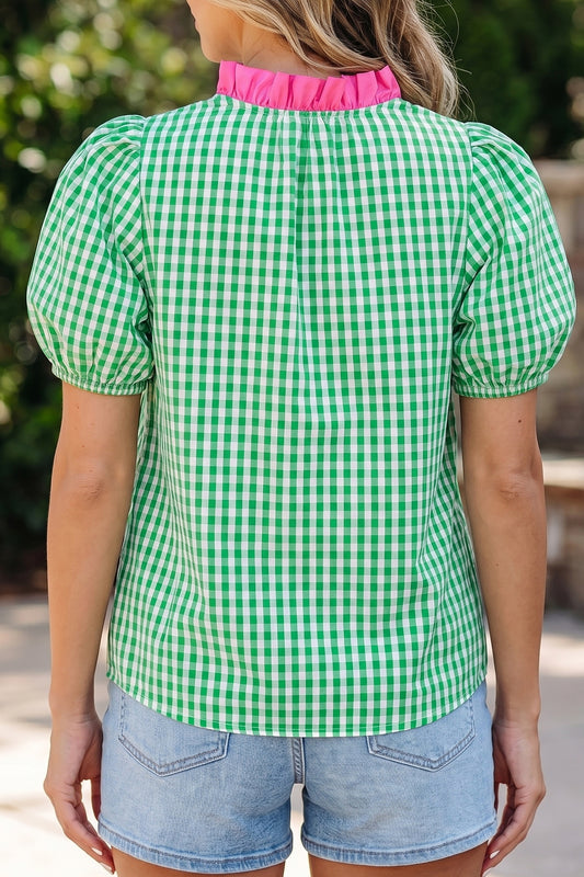 Green Gingham Plaid Bubble Sleeve Colorblock Trim V Neck Blouse