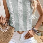 Green Stripe Lace Patchwork Crew Neck Tank Top