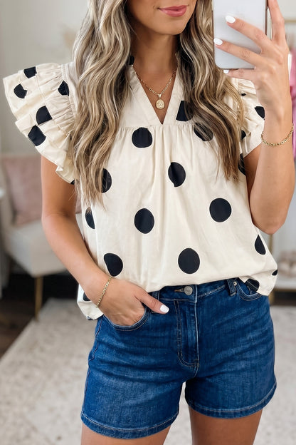 Apricot Casual Polka Dot V-Neck Ruffle Short Sleeve Shift Blouse