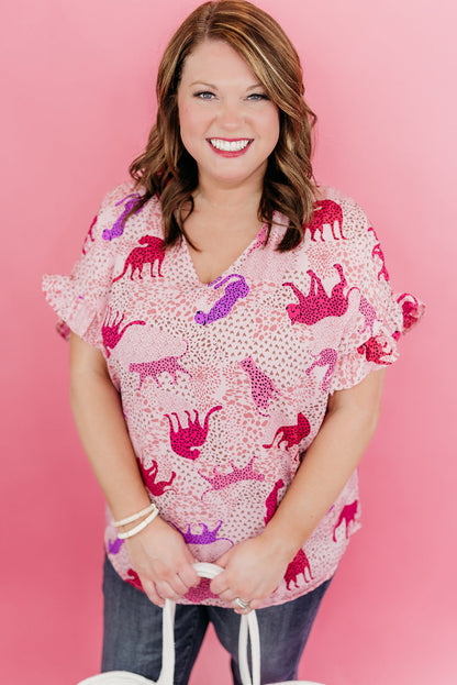 Top de manga corta con volantes y estampado de jaguar de talla grande