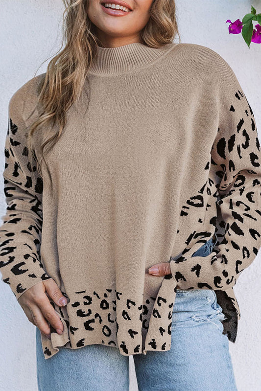 Suéter caqui con cuello alto y patchwork de leopardo de talla grande 
