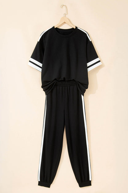 Black Varsity Striped Detail Loose Tee Jogger Pants 2pcs Outfit