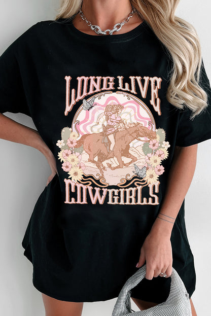 T-shirt noir à col rond avec imprimé « LONG LIVE COWGIRLS »