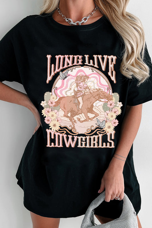 T-shirt noir à col rond avec imprimé « LONG LIVE COWGIRLS »