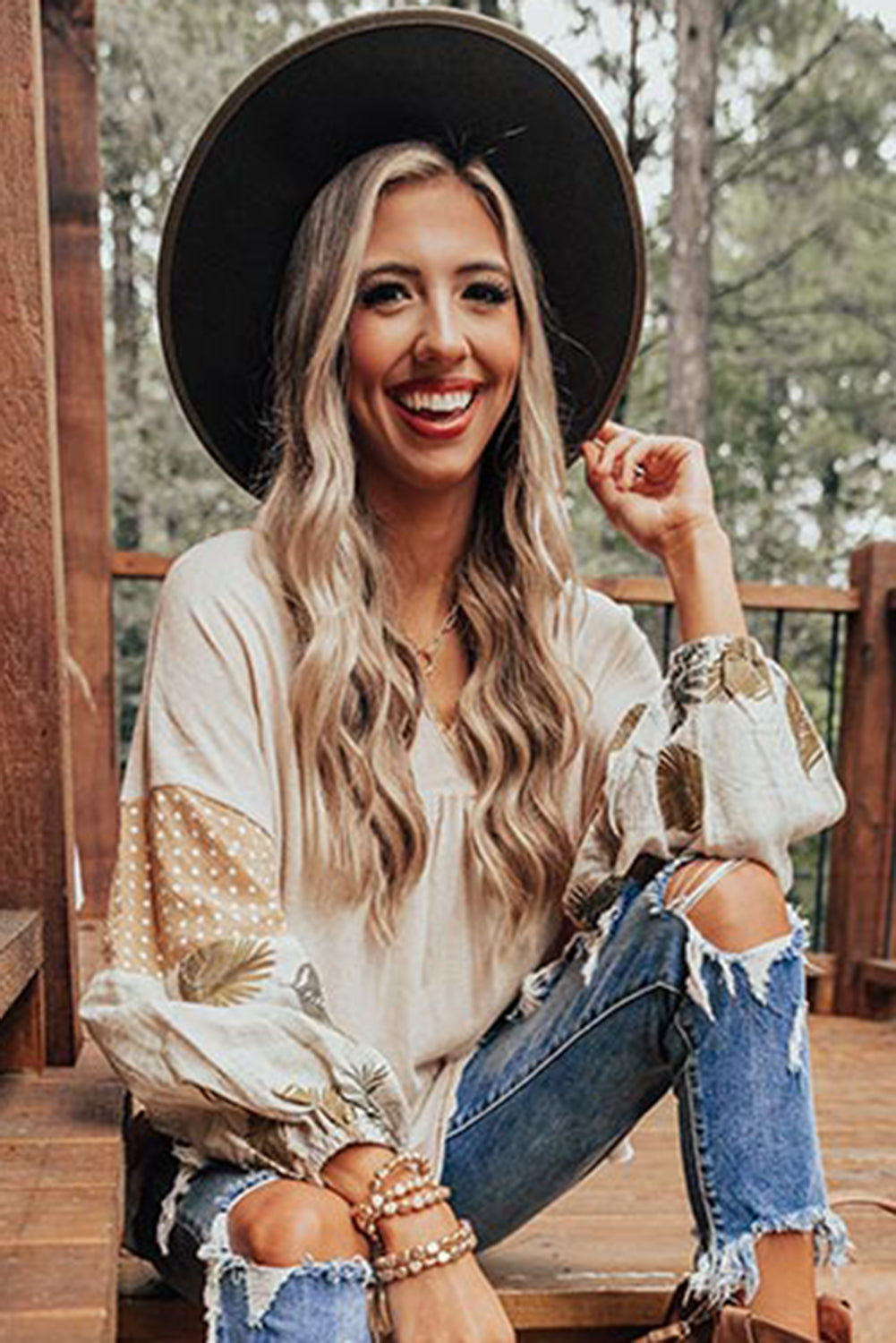 Chemisier ample à pois et manches bouffantes, motif feuilles de palmier, col en V, style patchwork