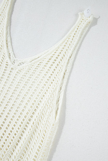Cache-maillot de plage blanc en résille crochetée avec bords frangés et col en V