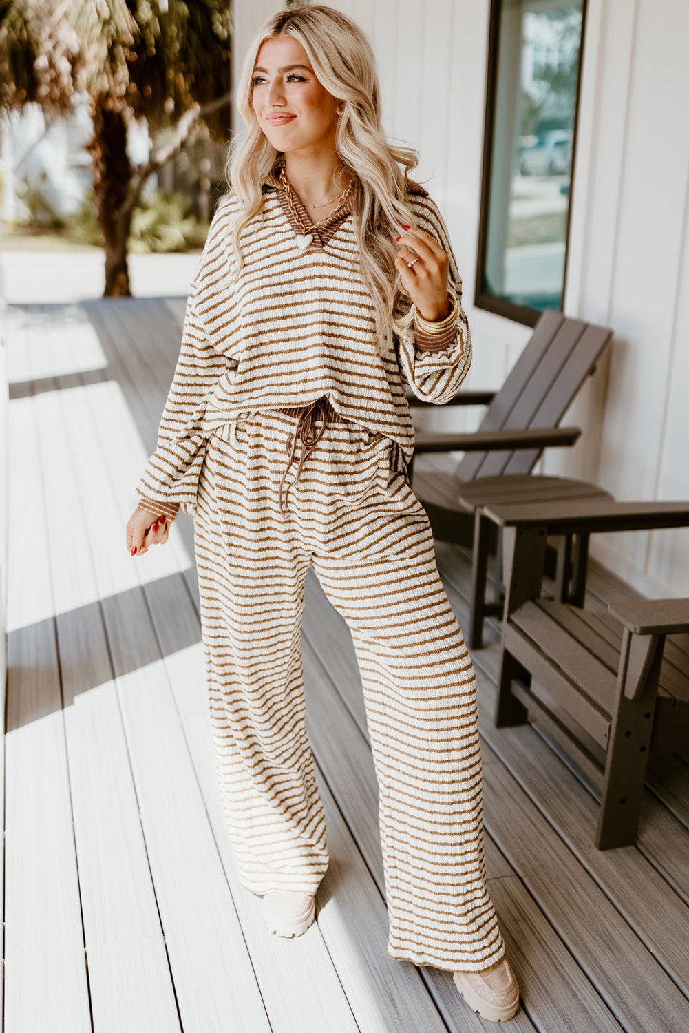 Khaki Stripe Collared Pullover Top and Drawstring Pant Set