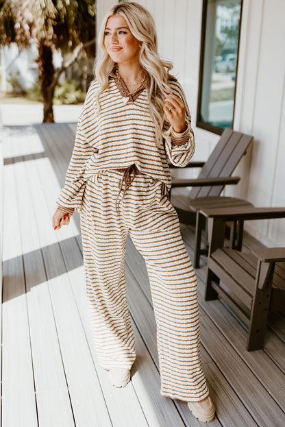 Khaki Stripe Collared Pullover Top and Drawstring Pant Set