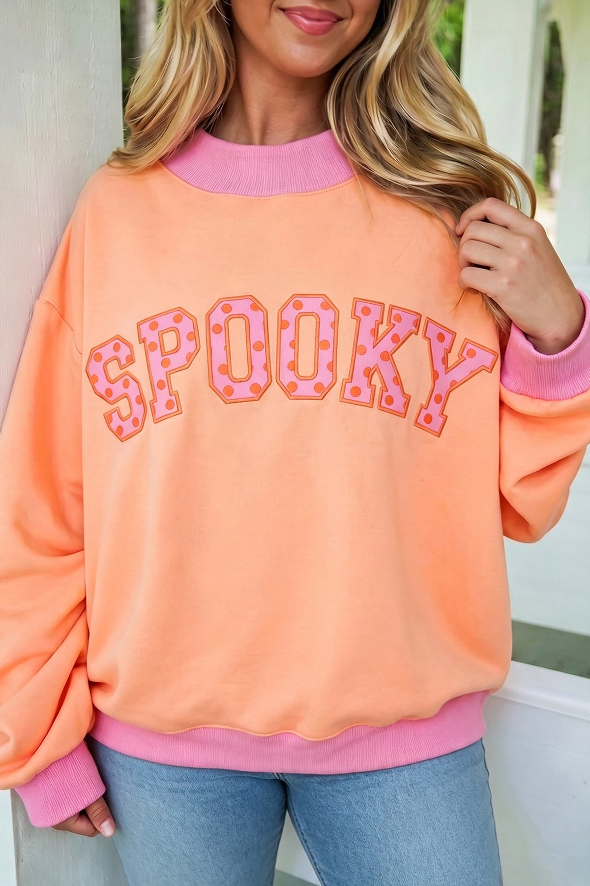 Grapefruit Orange Contrast Polka Dot Slogan Graphic Color Block Mock Neck Plus Sweatshirt