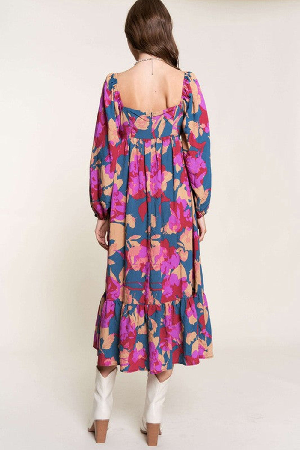 Robe taille haute à volants et col carré à imprimé floral multicolore 