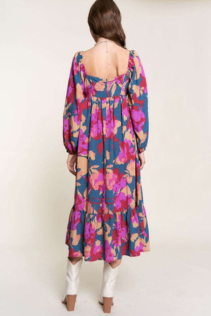 Robe taille haute à volants et col carré à imprimé floral multicolore 
