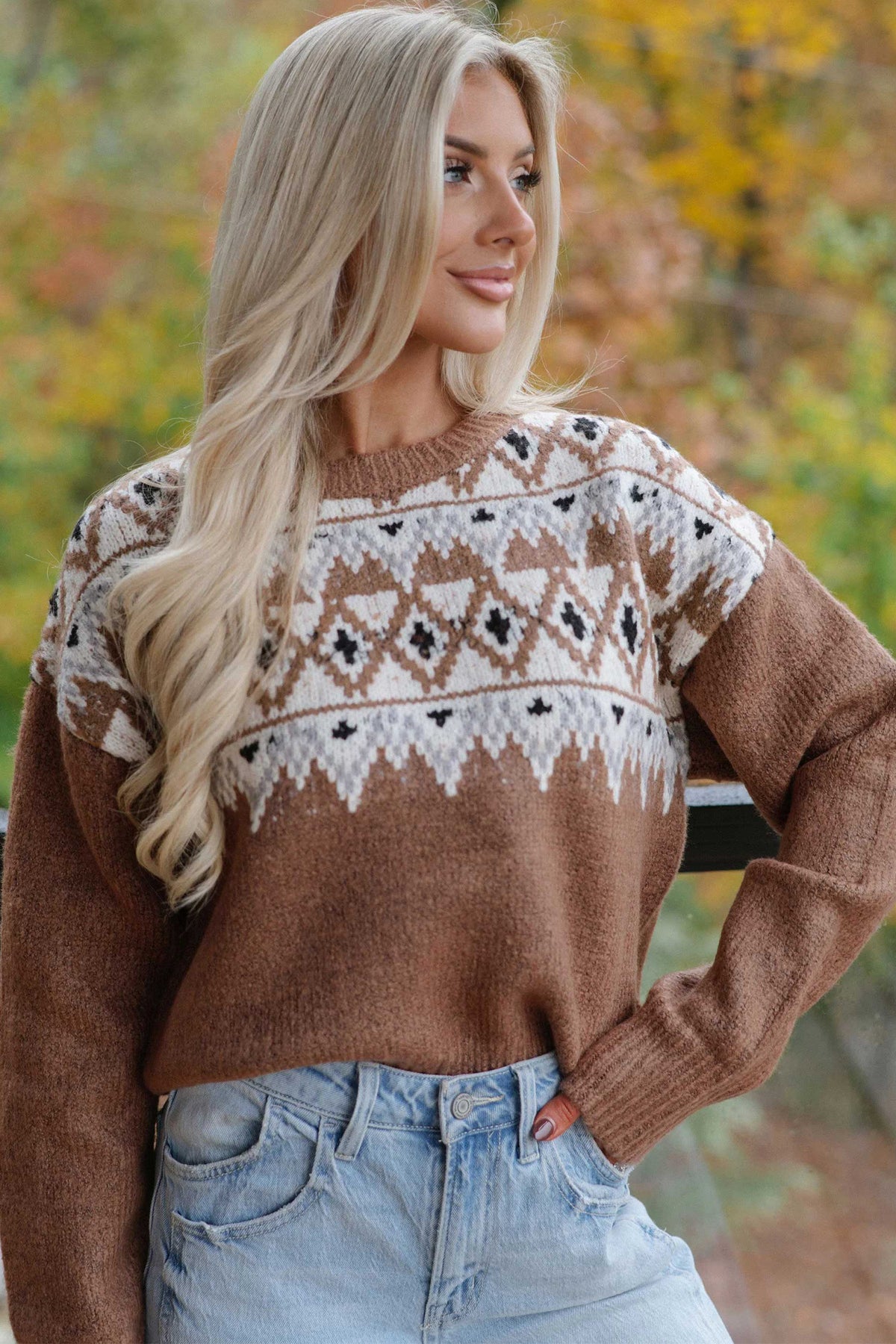 Khaki Geometric Print Drop Shoulder Casual Pullover Sweater