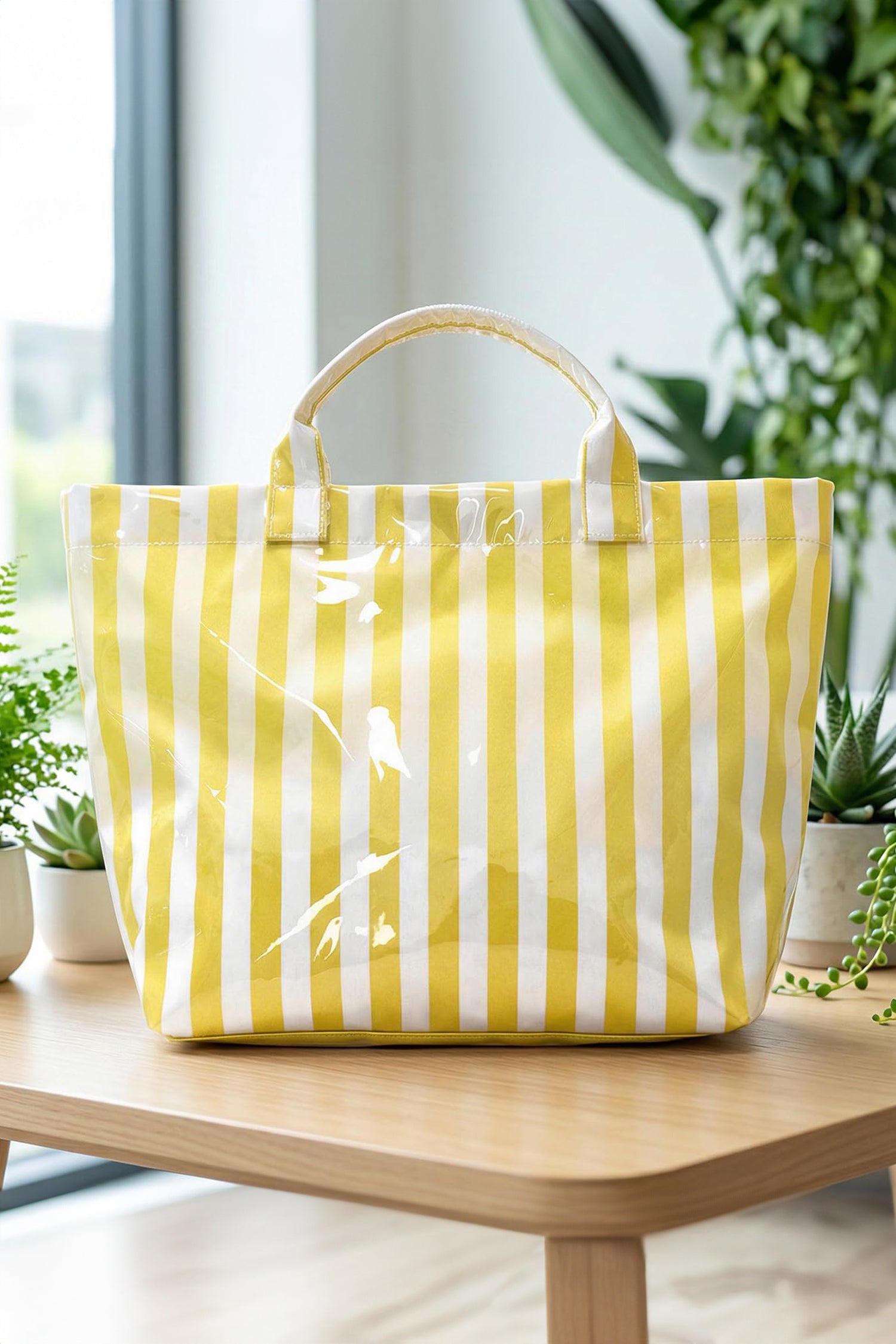 Yellow Cream Glossy Striped Vinyl Large Tote Bag