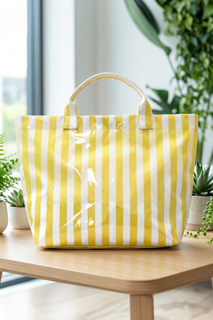 Yellow Cream Glossy Striped Vinyl Large Tote Bag