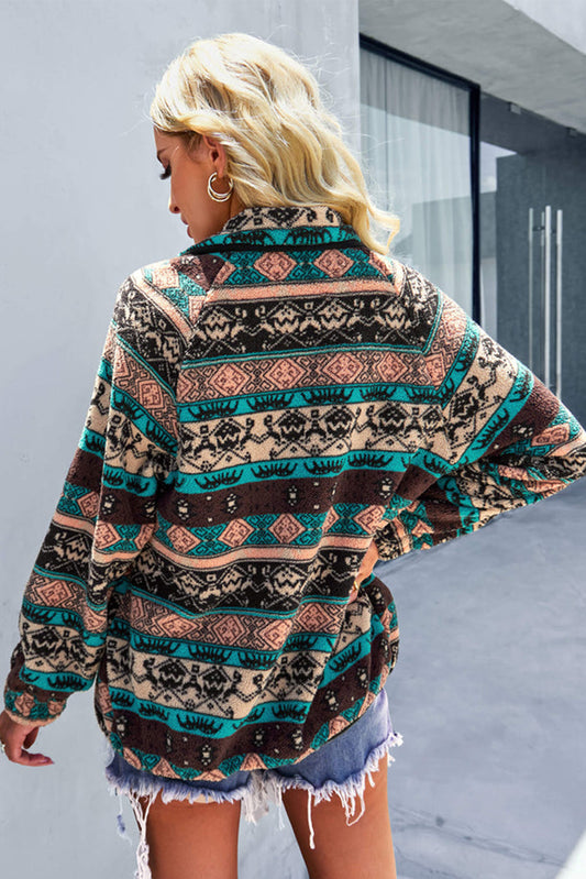 Chaqueta sherpa negra con botones a presión y bloques de color occidental 