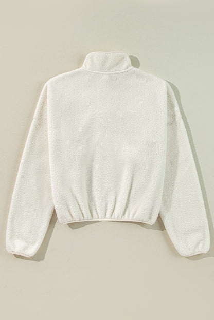 Sweat-shirt blanc en polaire avec patte de boutonnage et col rabattu et épaules tombantes