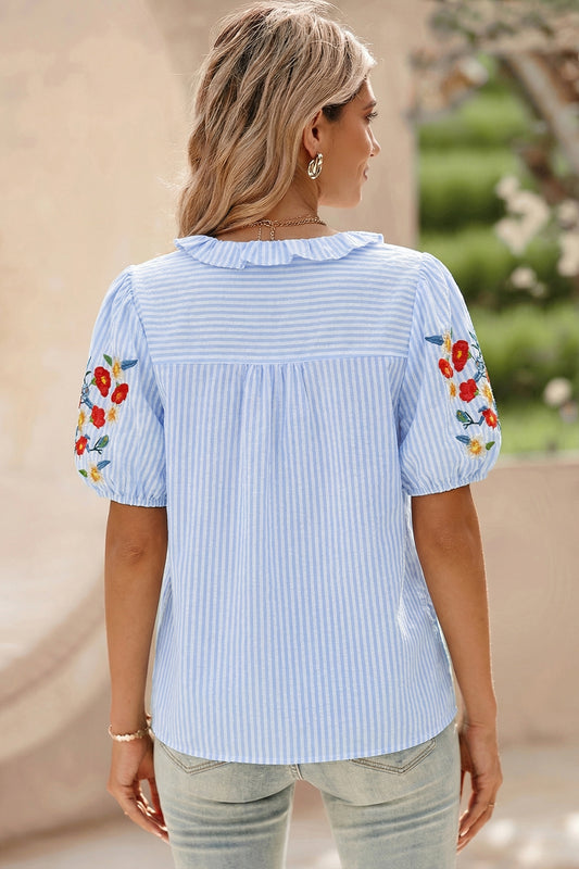 Sky Blue Stripe Floral Embroidered Puff Sleeve Ruffle Trim Shirt