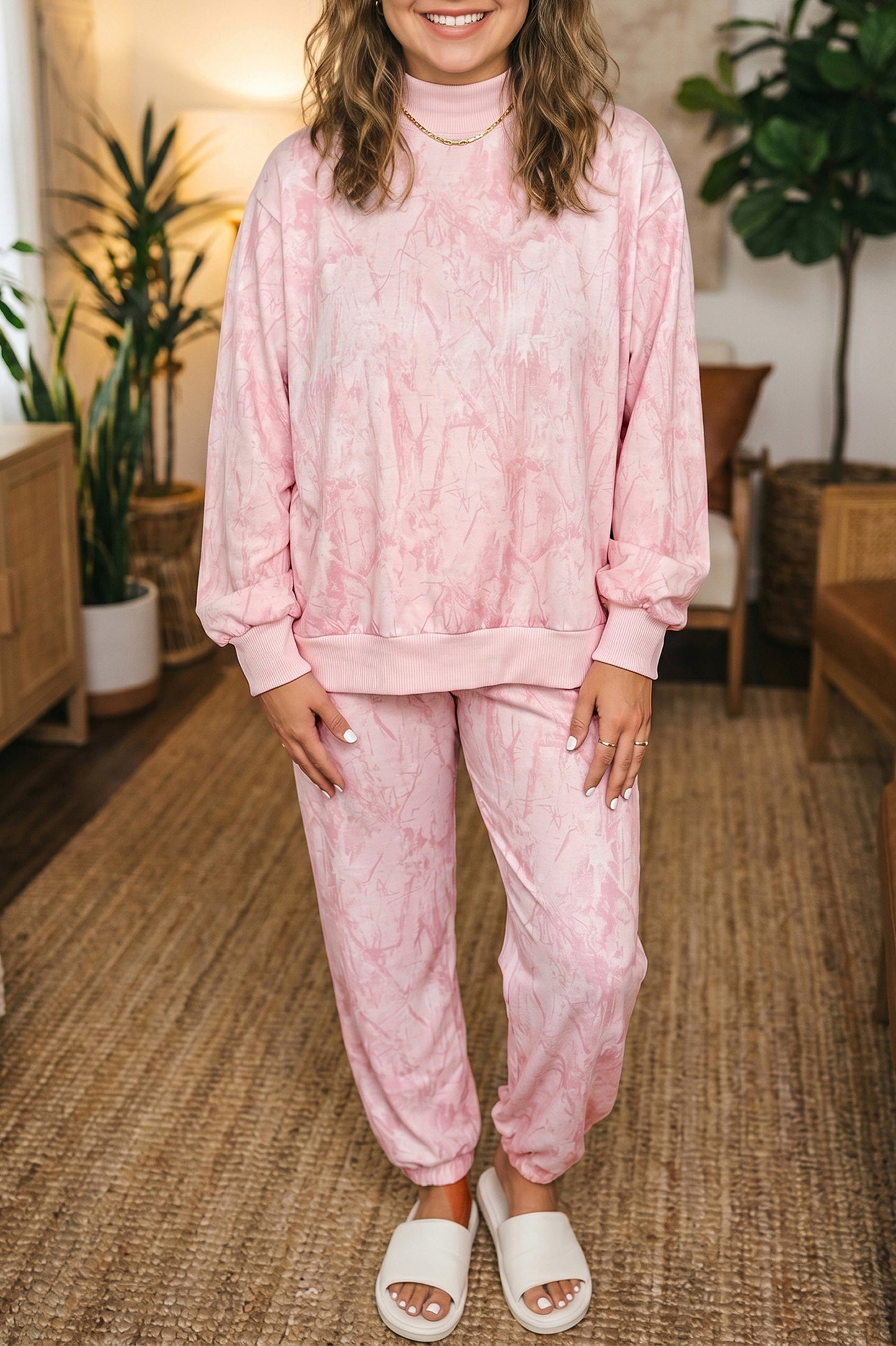 Pink Camouflage Print Stand Neck Long Sleeve Regular Fit Plus Size Set