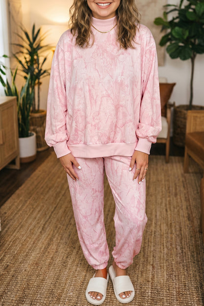 Pink Camouflage Print Stand Neck Long Sleeve Regular Fit Plus Size Set