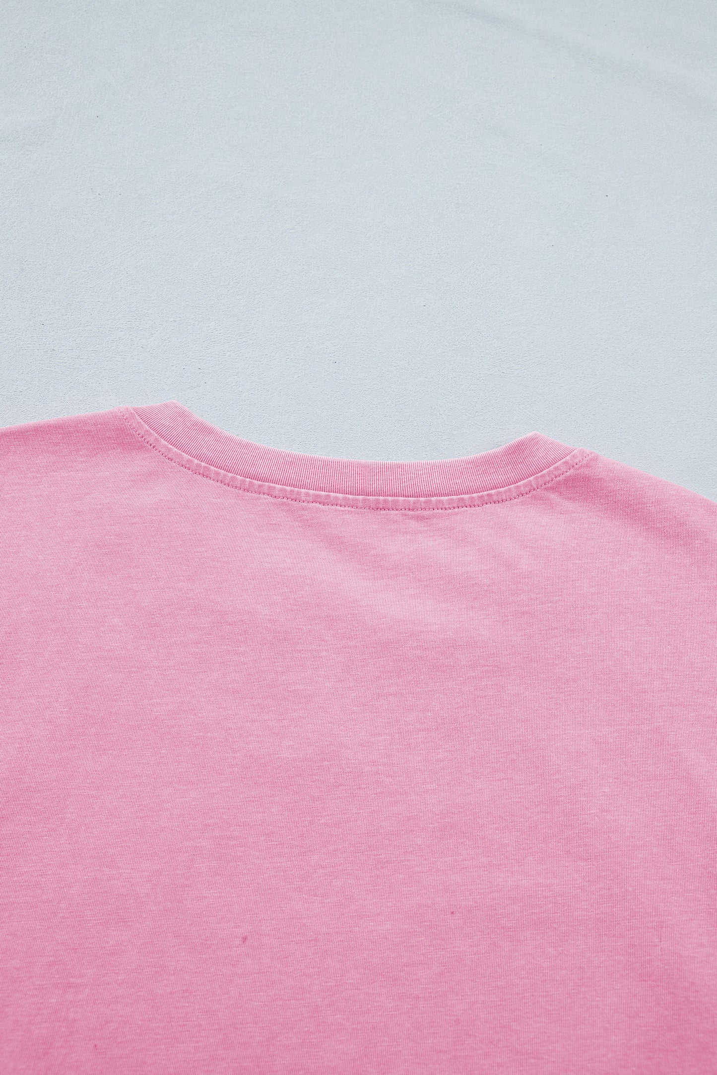 Pink Raw Cut Notched Neck Lace Patchwork Detail Mineral Wash Tee