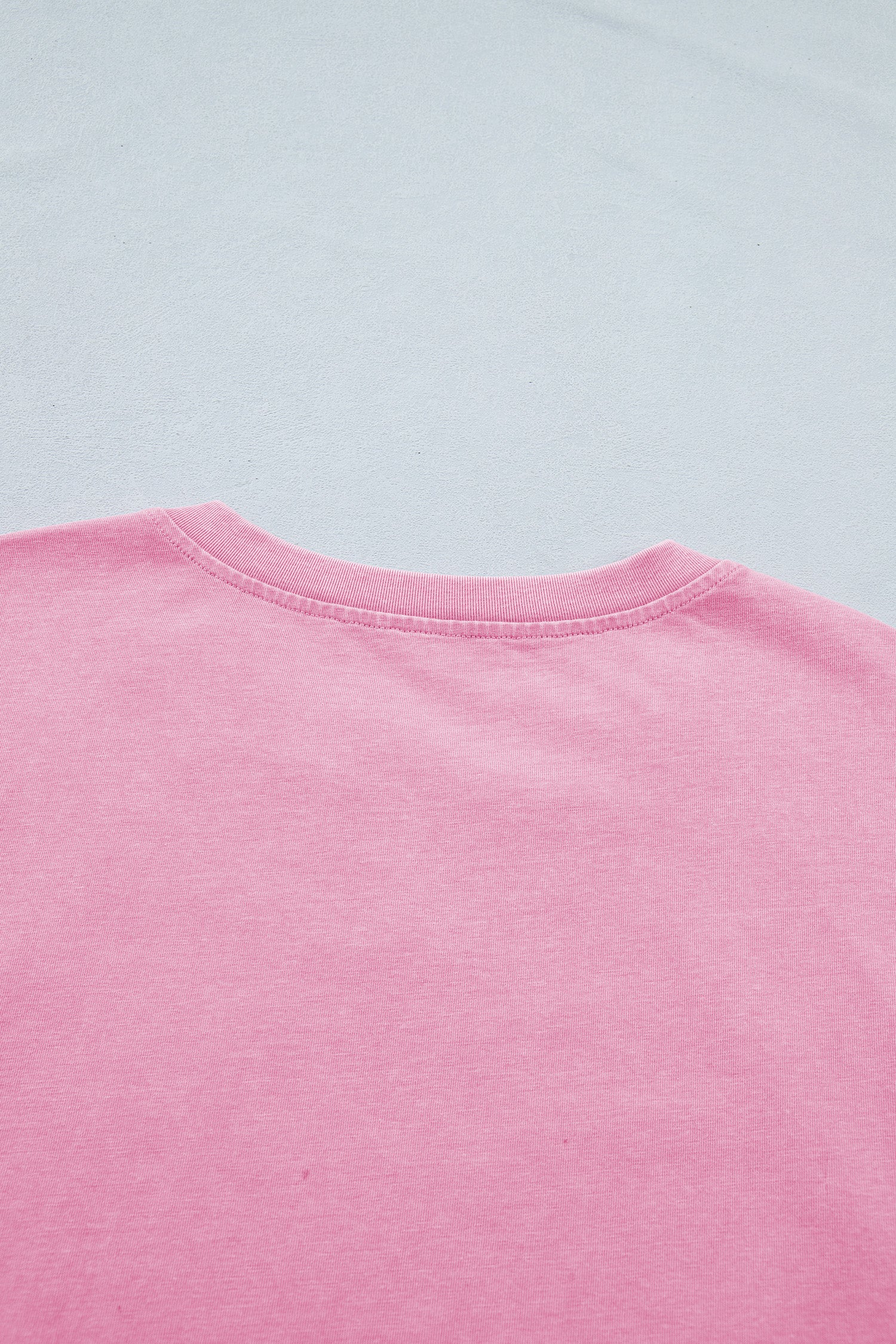 Pink Raw Cut Notched Neck Lace Patchwork Detail Mineral Wash Tee