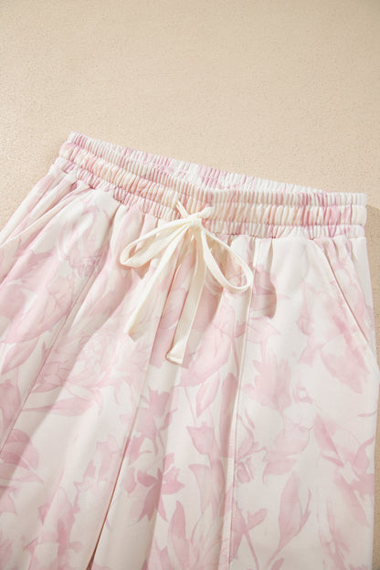 Pink Abstract Print Drop Shoulder Drawstring Waist Drawstring Hem Pant Set