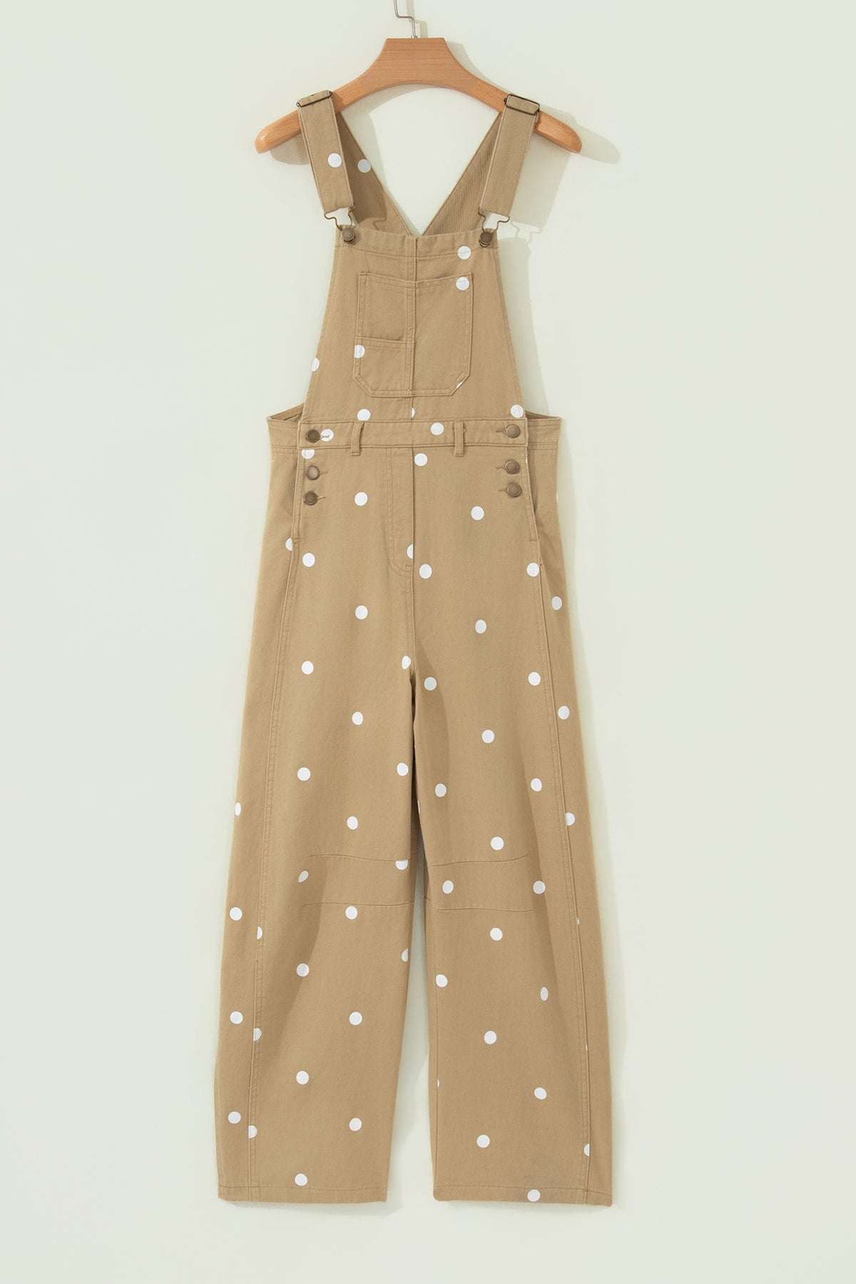 Light French Beige Polka Dot Print Bib Pocket Denim Barrel Overalls Jumpsuit