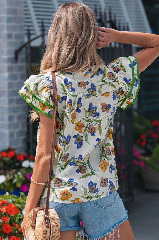 Green Floral Print Ruffle V-Neck Pressed Pleats Binding Tape Cotton Blouse