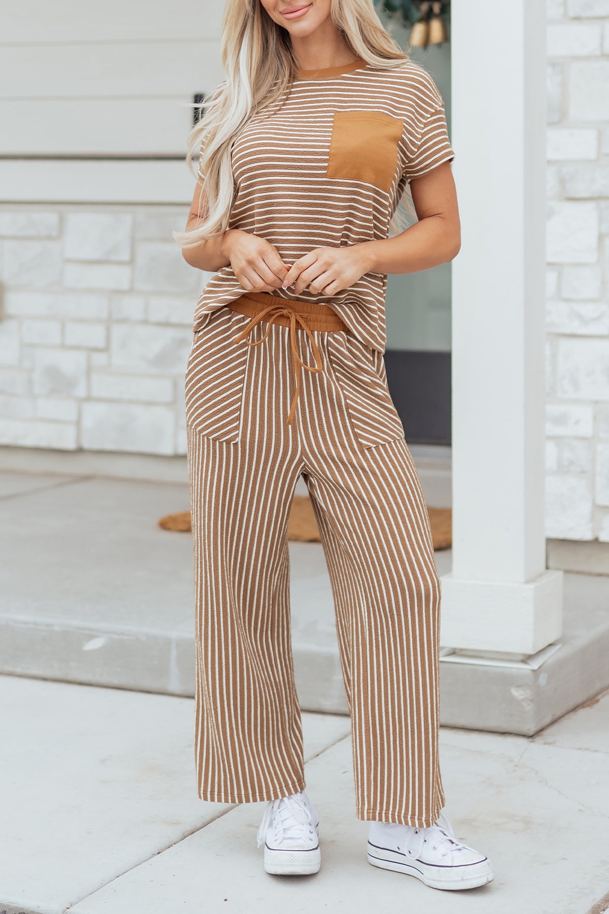 Khaki Stripe Crew Neck Tee Drawstring Waist Cropped Pants Set
