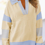 Sky Blue Stripe Contrasting Polo Collar Color Block Knit Drop Shoulder Sweater
