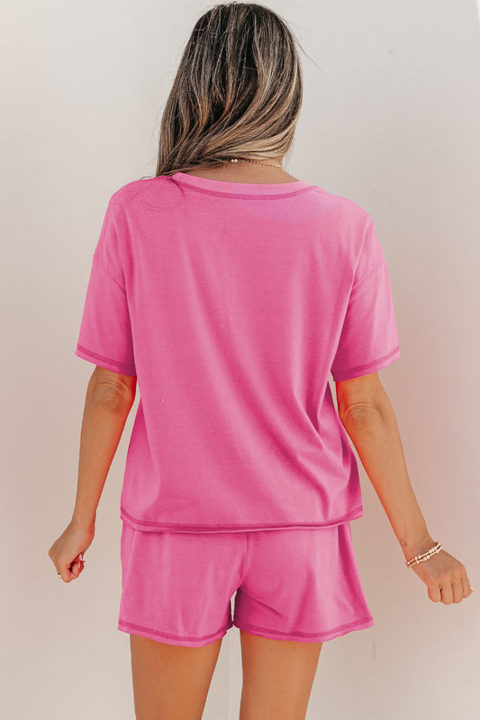 Bright Pink Seam Detail Raw Edge Tee Rainbow Waistband Casual Short Set