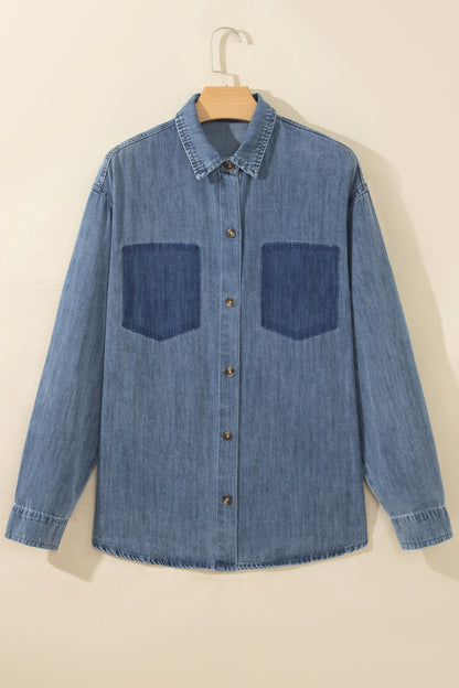 Sky Blue Color Block Pocket Detail Casual Button Down Denim Shirt