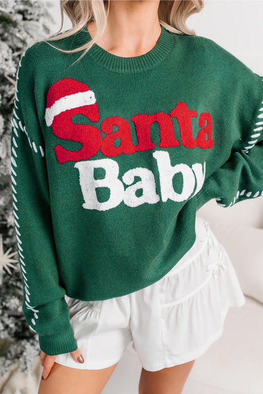 Evergreen Santa Baby Towel Embroidery Christmas Slogan Pullover Sweater
