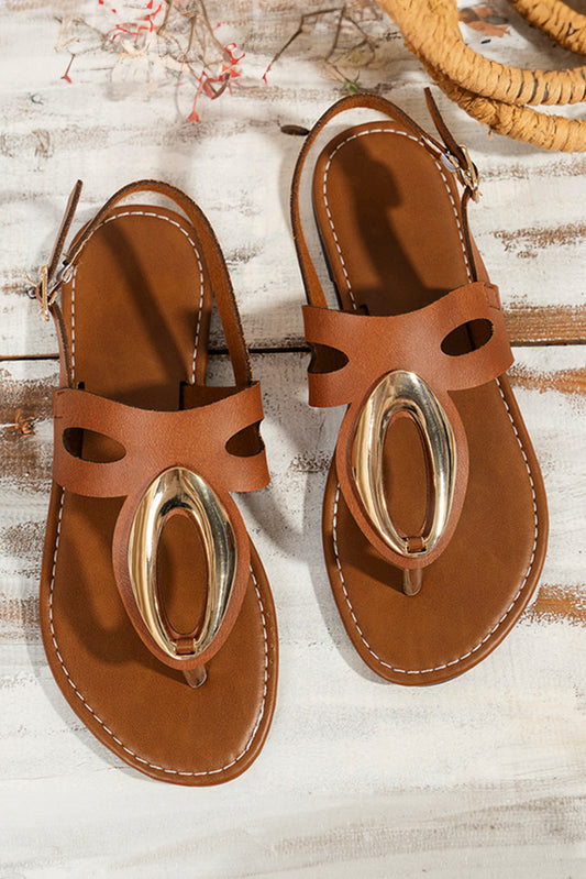 Camel Retro Hollow Out Open Toe Leather Sandals