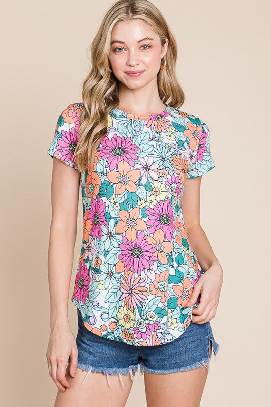 Top de manga corta con dobladillo asimétrico y estampado floral multicolor 