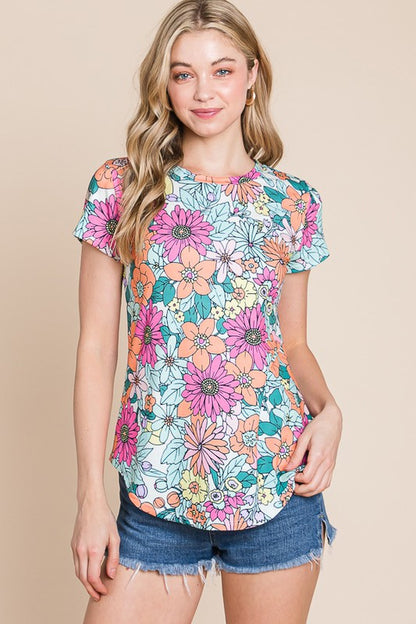 Top de manga corta con dobladillo asimétrico y estampado floral multicolor 