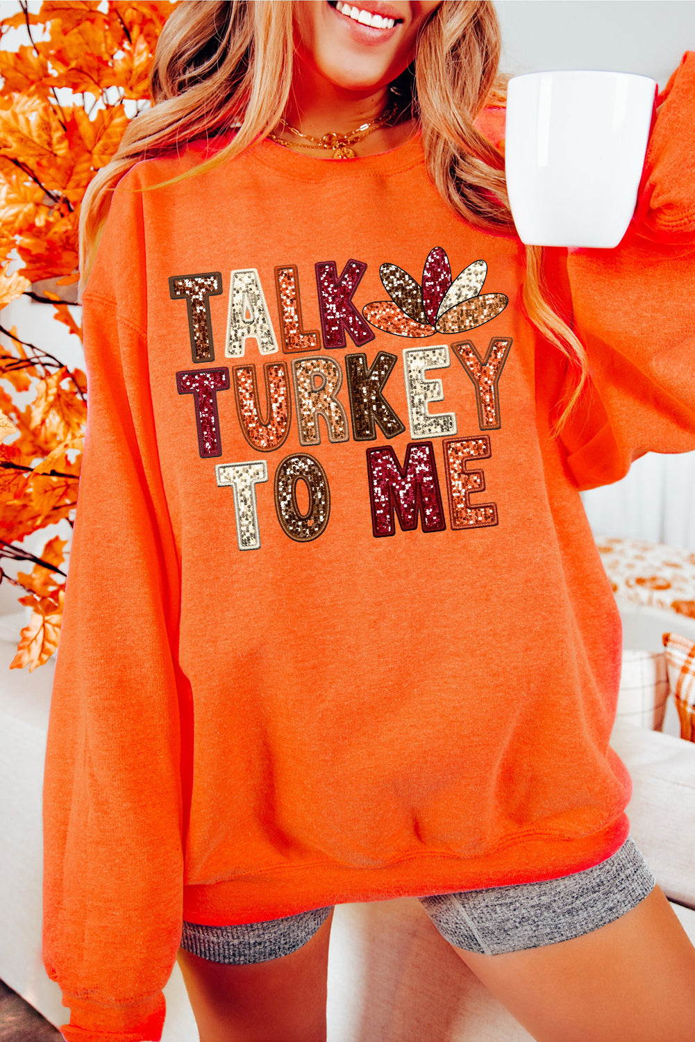 Sweat-shirt graphique orange « PARLEZ-MOI DE DINDE » pour les fêtes de Thanksgiving
