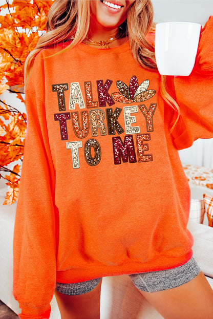 Sweat-shirt graphique orange « PARLEZ-MOI DE DINDE » pour les fêtes de Thanksgiving