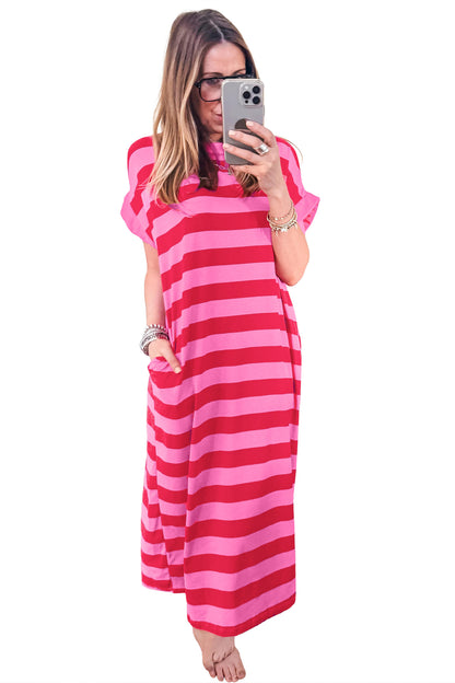 Rose Stripe Cuffed Short Sleeve Pocketed Casual T Shirt Long Dress