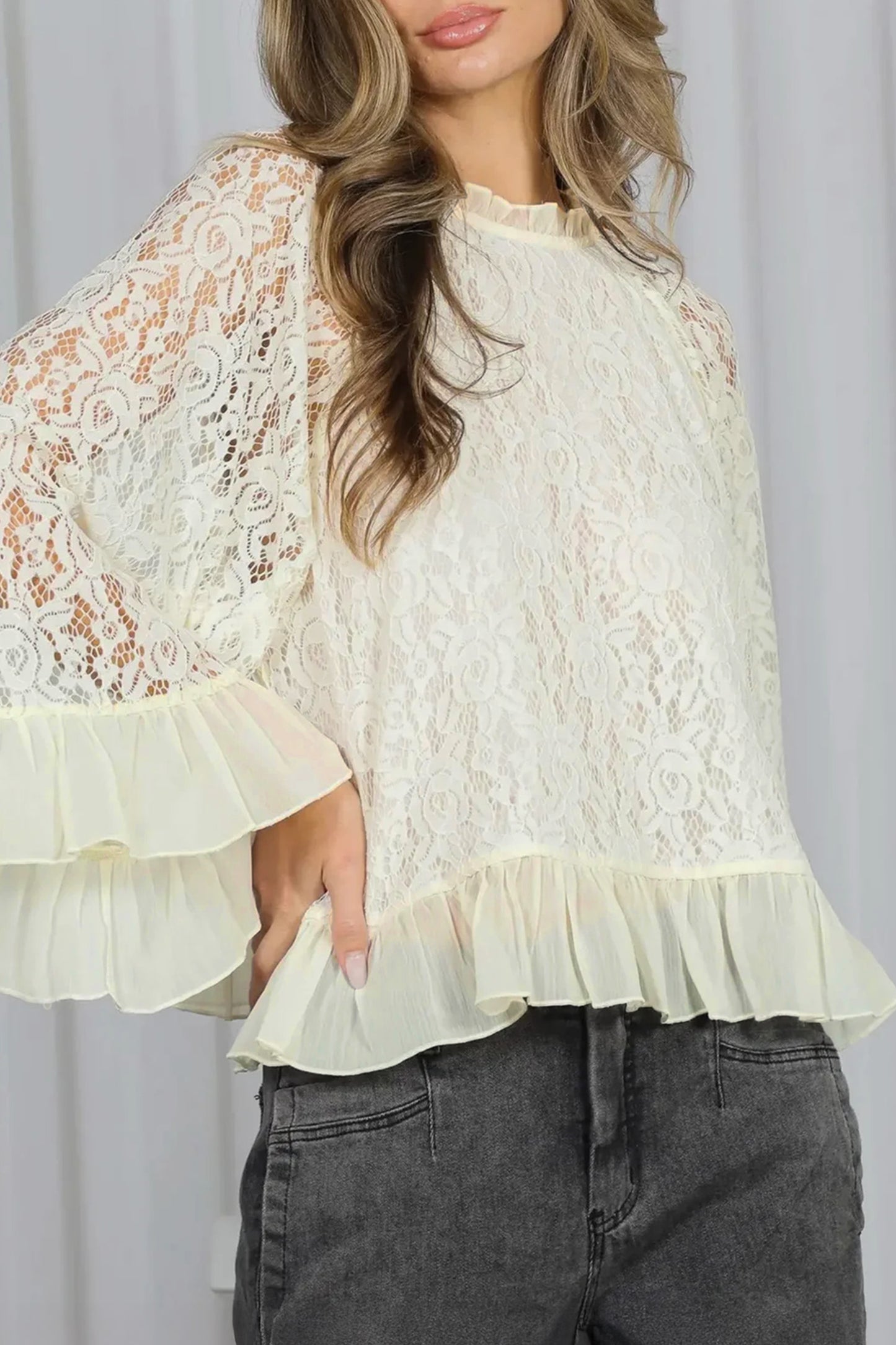 White Sheer Lace Long Sleeve Ruffle Trim Loose Blouse