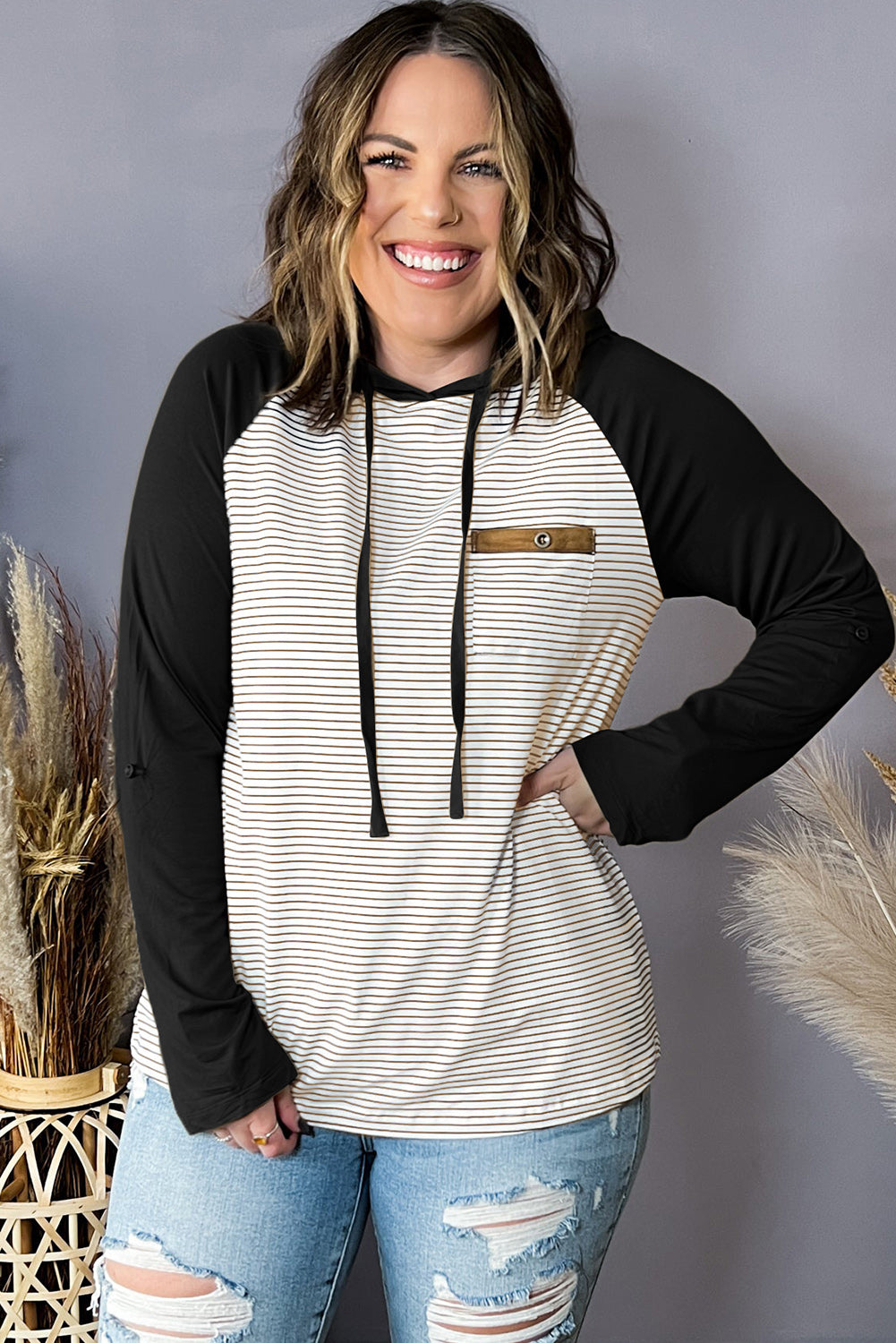 Green Striped Raglan Sleeve Buttoned Pocket Plus Size Hoodie