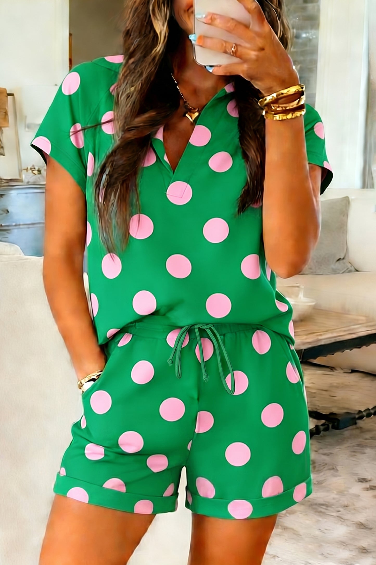 Green Polka Dot Print V Neck Tee Short Set