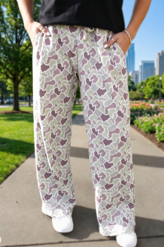 Green Camo Print Drawstring Waist Loose Fit Full Length Pants