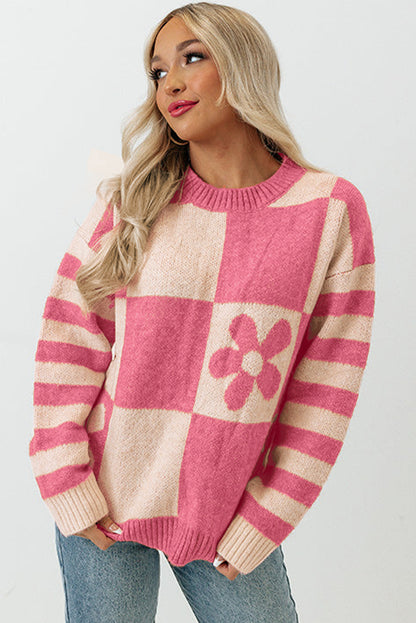 Pull à manches rayées et imprimé floral à carreaux marron