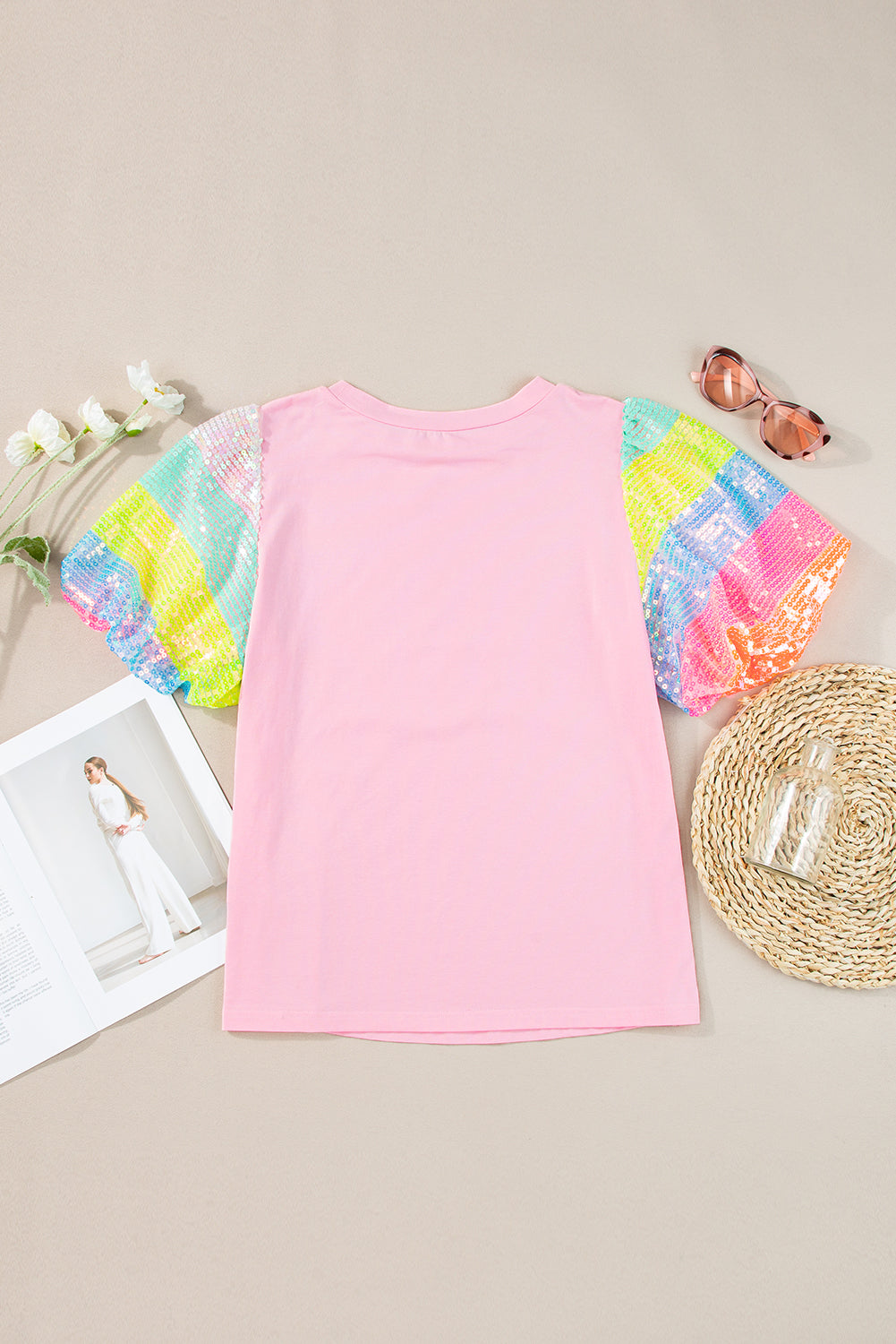 Haut à manches bouffantes rayé à paillettes roses