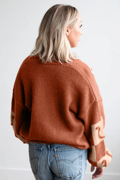 Brown Horseshoe Plaid V Neck Knit Button Front Sweater Cardigan